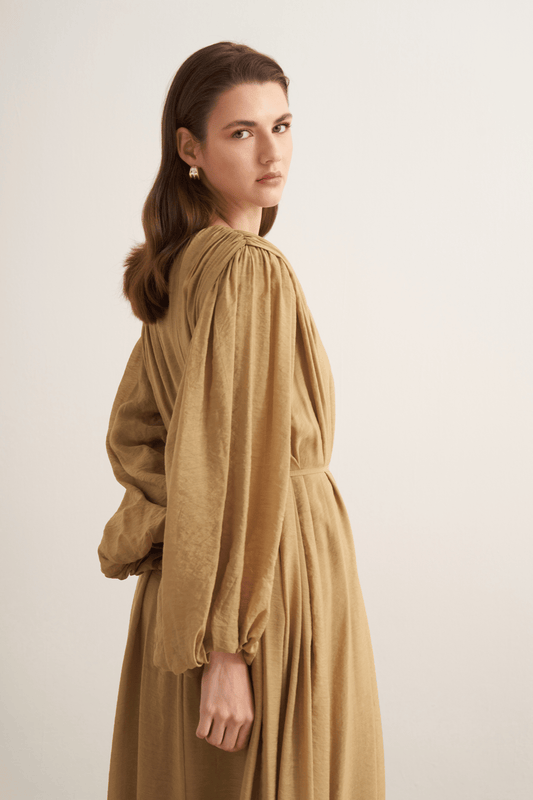 Cleo Gathered Detail Long Dress Olive
