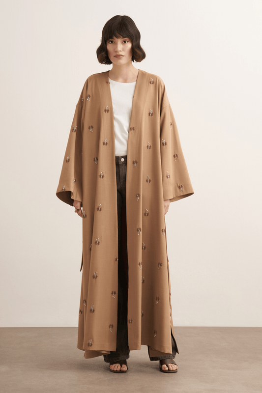Qamrah Beaded Long Kimono Beige