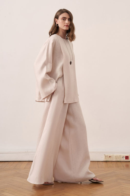 Azela Belted Linen Blouse in Stone