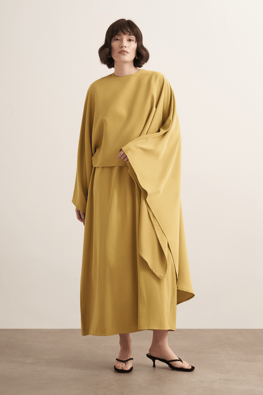 Dhiba Cupra Two-Piece Dress Set with Cape, Yellow