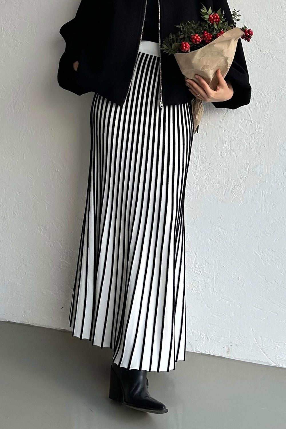 Striped Flared Skirt Black