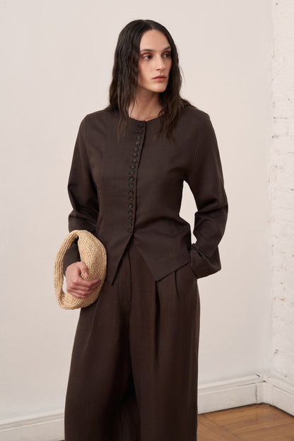 Capri Buttoned Linen Jacket Olive