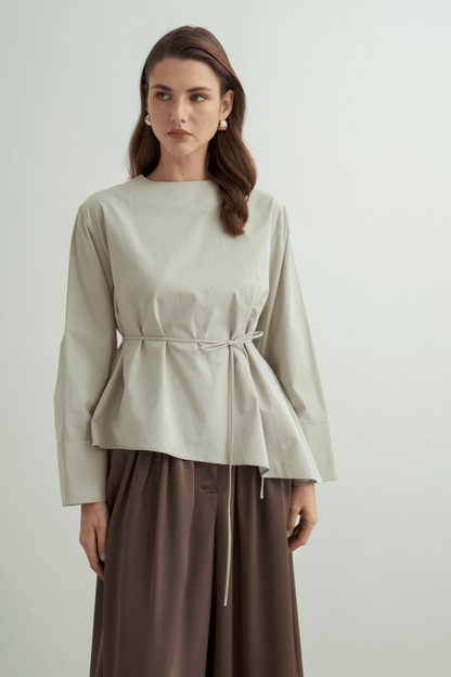 Anelis Asymmetric Belted Poplin Blouse Coffee