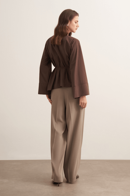 Anelis Asymmetric Belted Poplin Blouse Coffee