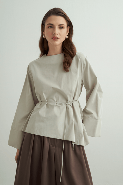 Anelis Asymmetric Belted Poplin Blouse Coffee