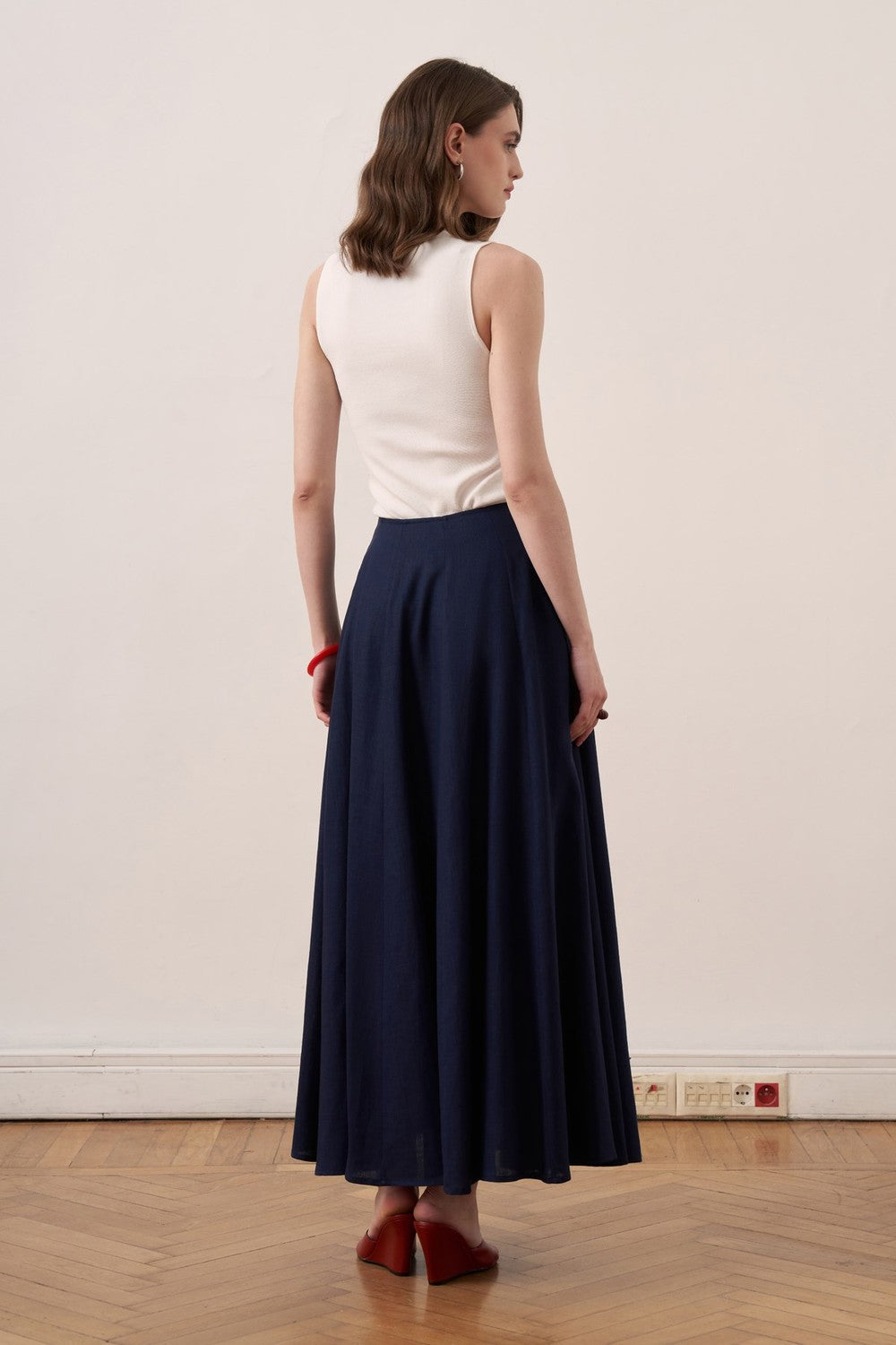 Viola Cup Stitched Linen Skirt Navy Blue