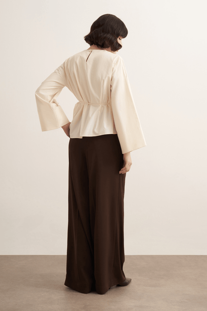 Anelis Asymmetric Belted Poplin Blouse Coffee