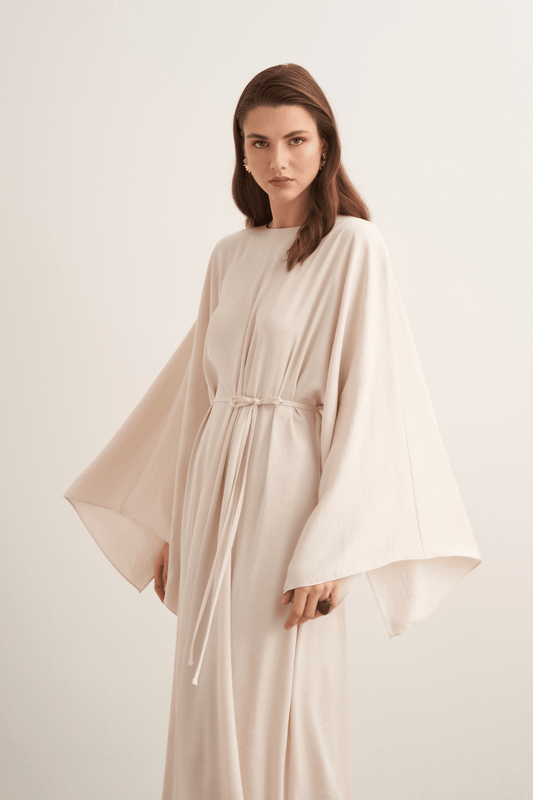 Yasira Batwing Sleeve Satin Dress, Ecru
