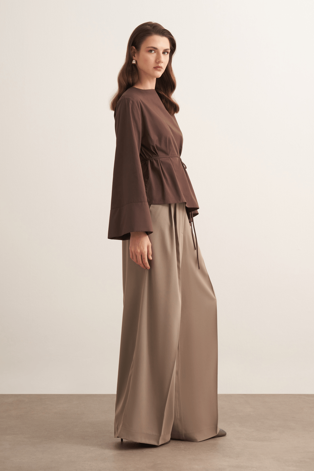 Anelis Asymmetric Belted Poplin Blouse Coffee