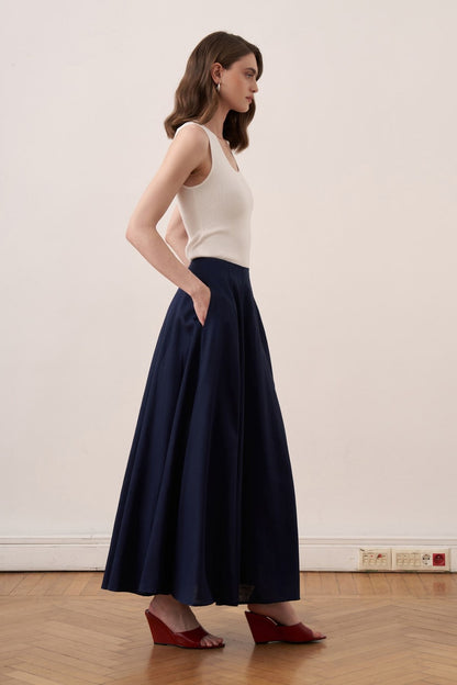 Viola Cup Stitched Linen Skirt Navy Blue