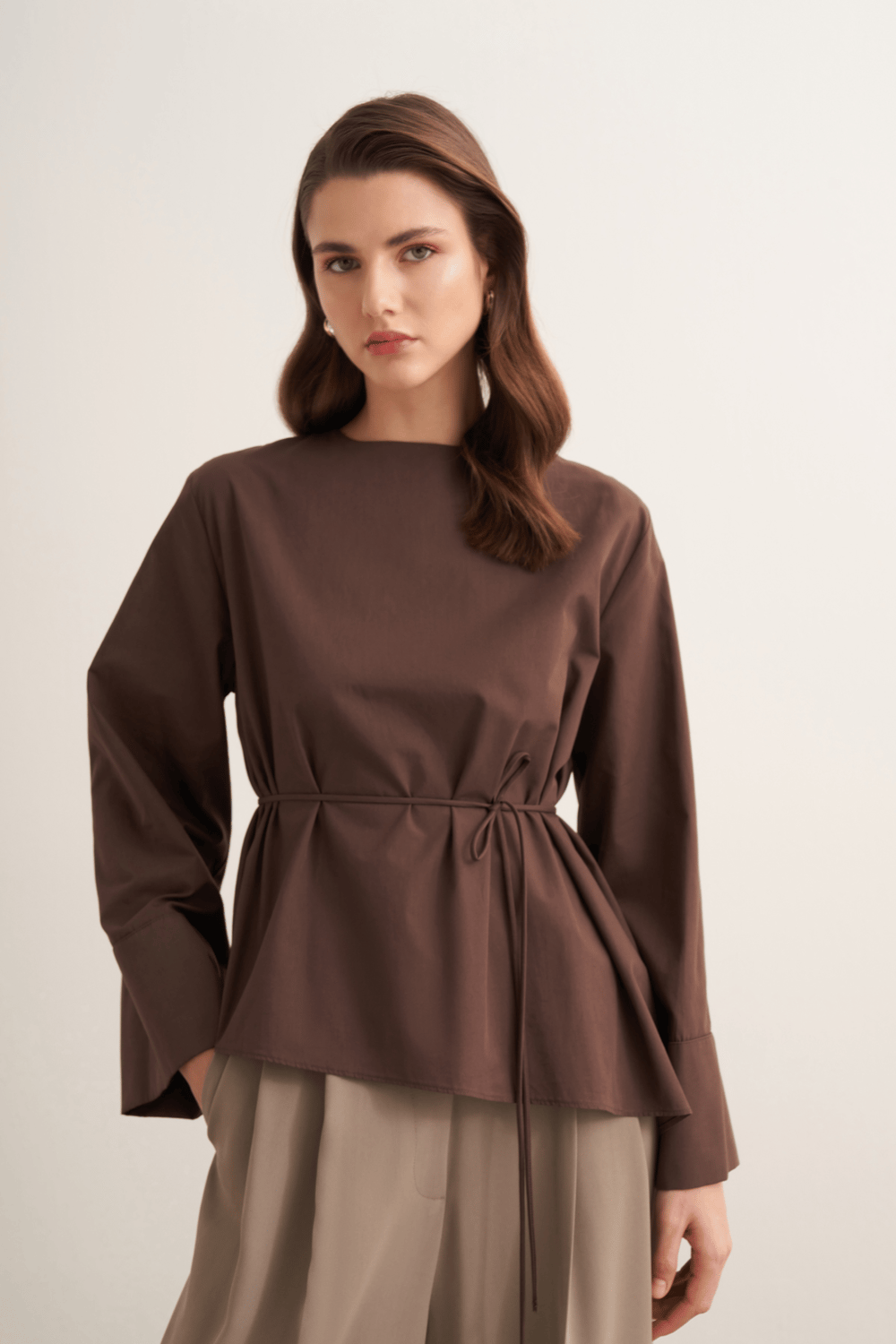 Anelis Asymmetric Belted Poplin Blouse Coffee