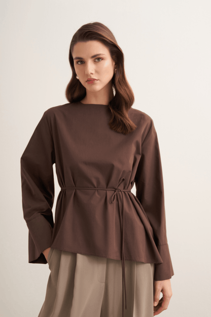 Anelis Asymmetric Belted Poplin Blouse Coffee