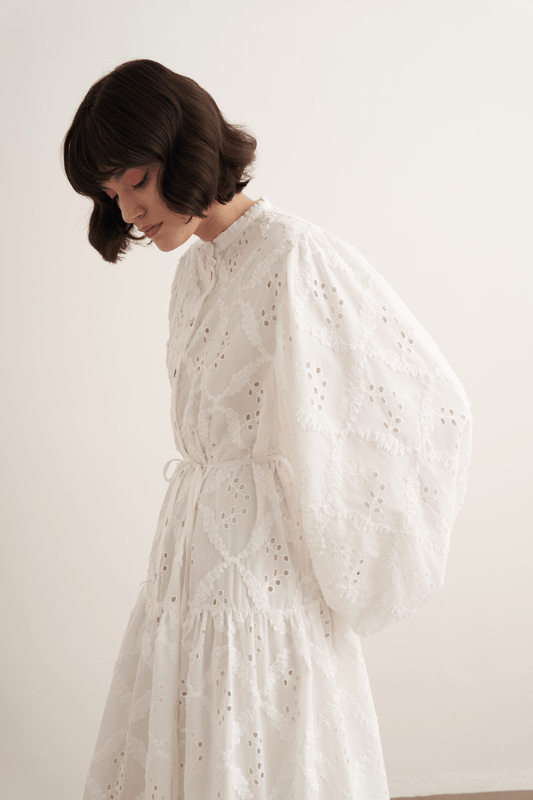 Ophelia Balloon Sleeve Embroidered Dress White