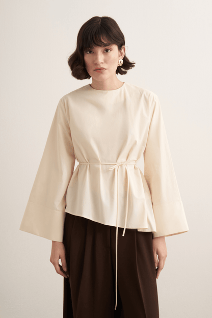 Anelis Asymmetric Belted Poplin Blouse Coffee