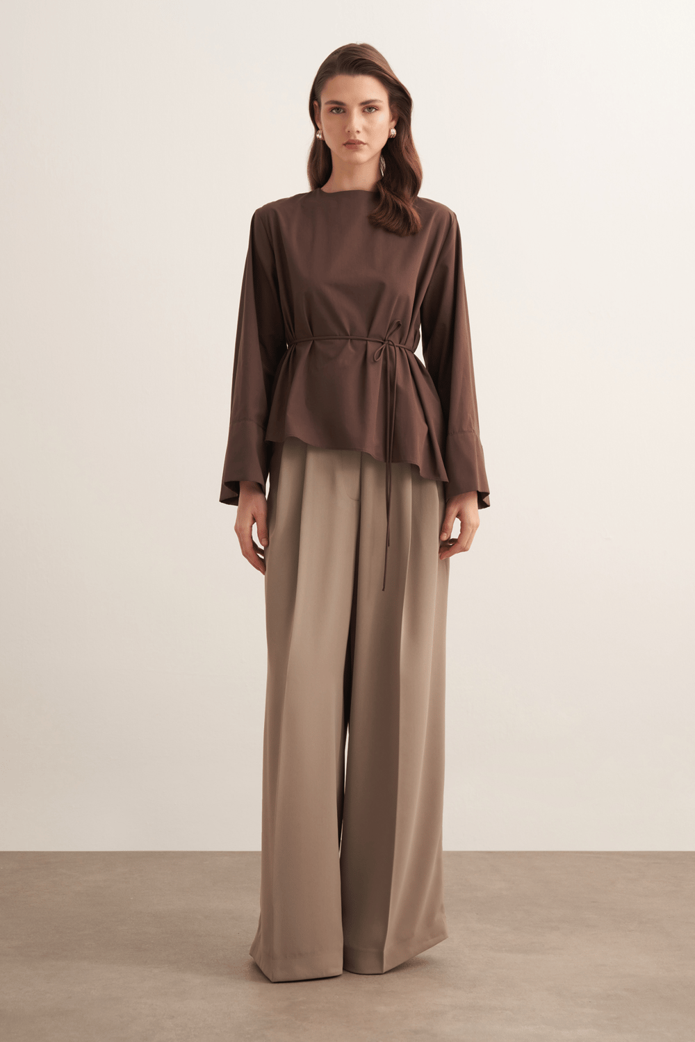 Anelis Asymmetric Belted Poplin Blouse Coffee