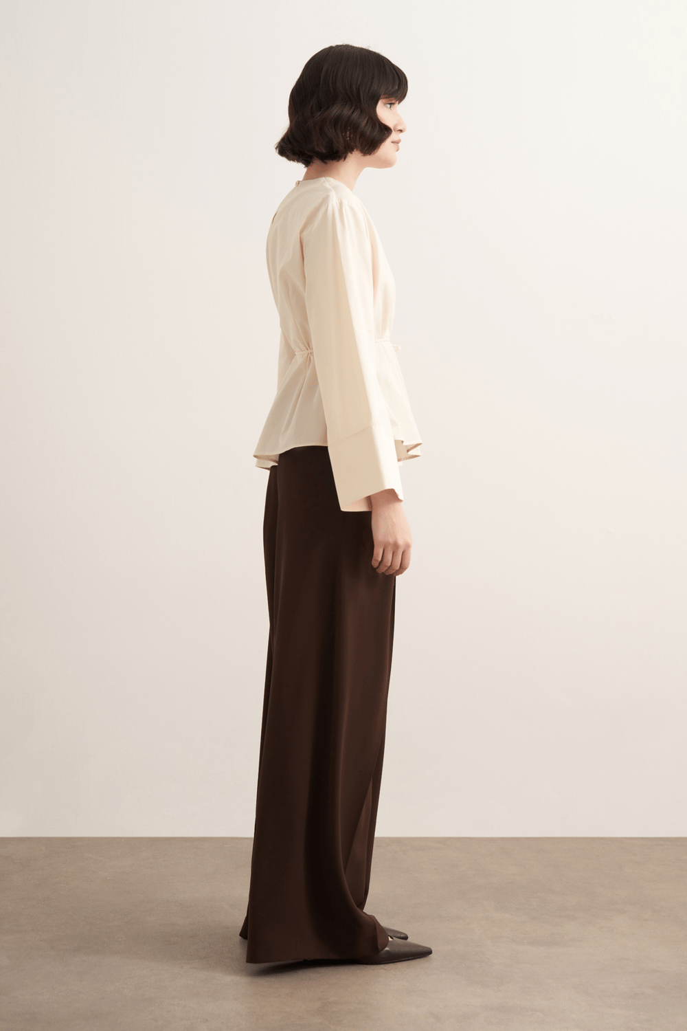 Anelis Asymmetric Belted Poplin Blouse Coffee
