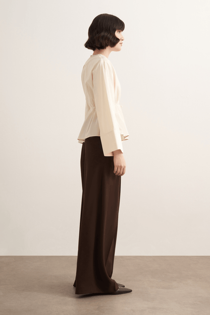 Anelis Asymmetric Belted Poplin Blouse Coffee
