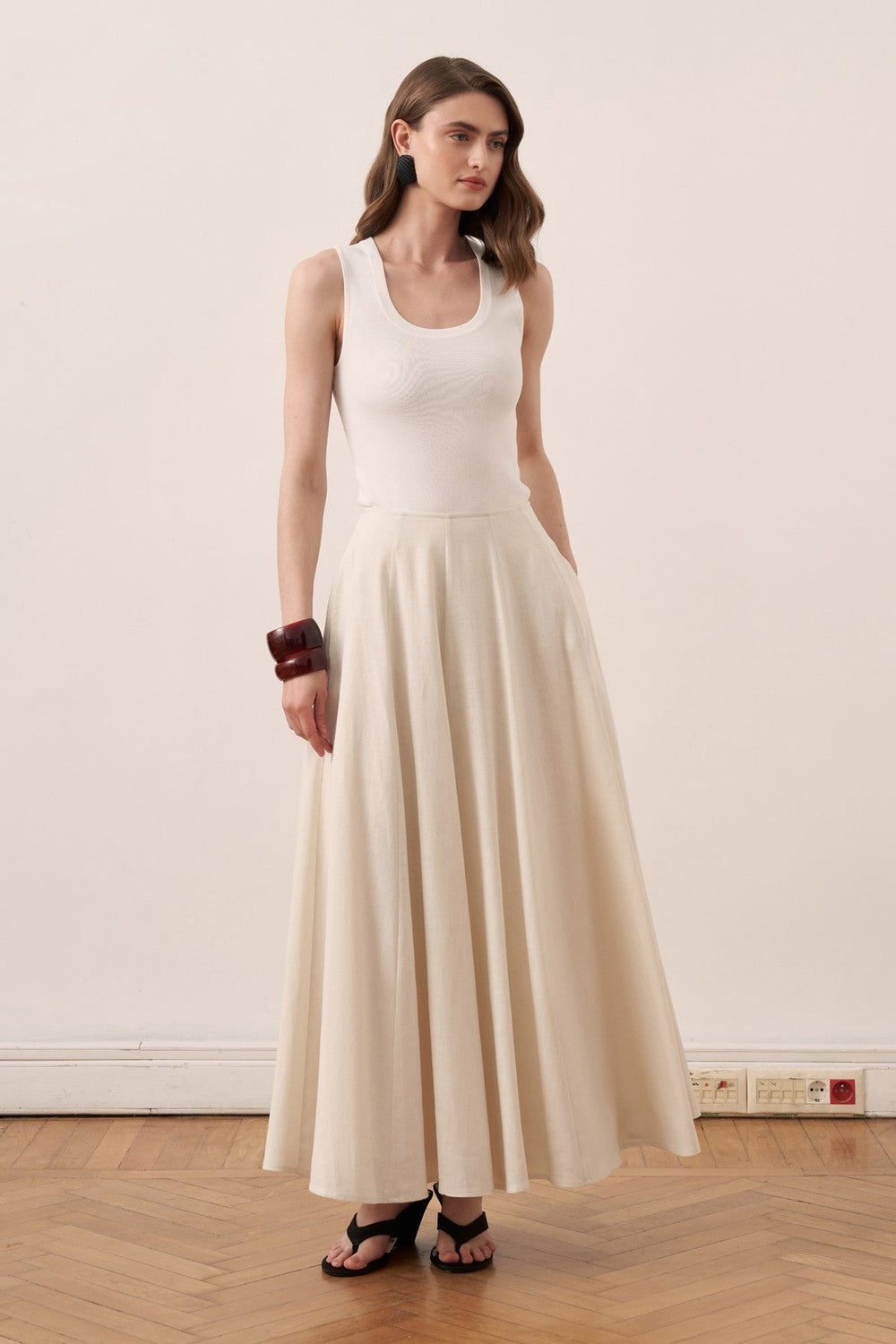 Viola Cup Stitched Linen Skirt Navy Blue