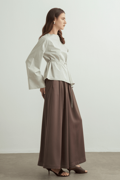 Anelis Asymmetric Belted Poplin Blouse Coffee