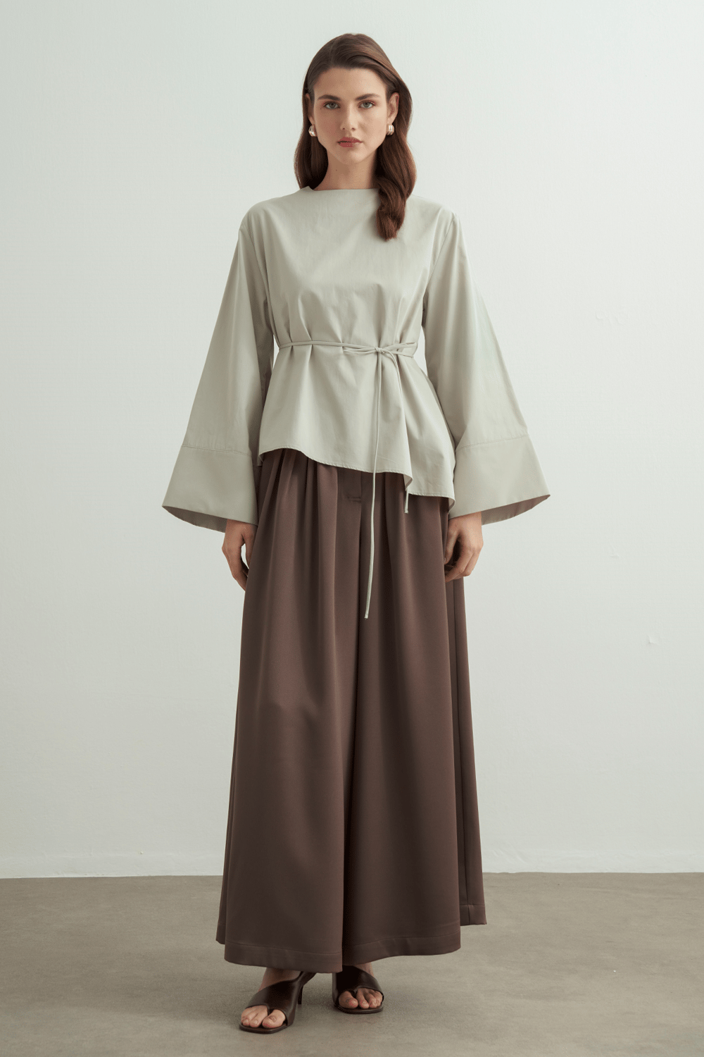 Anelis Asymmetric Belted Poplin Blouse Coffee