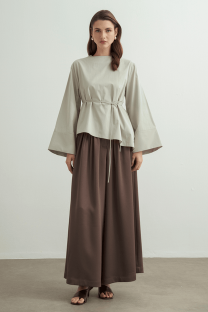 Anelis Asymmetric Belted Poplin Blouse Coffee