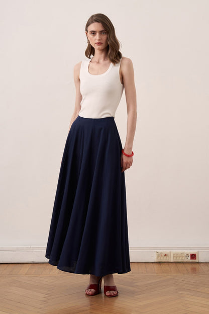 Viola Cup Stitched Linen Skirt Navy Blue